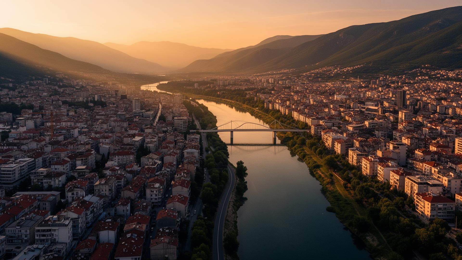 Aerial view of Podgorica and the Morača river at golden hour